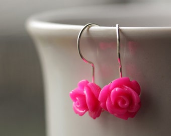 Hot Pink Rose Earrings. Dangle Earrings. Hot Pink Earrings. Hot Pink Flower Earrings. Silver Lever Back Earrings. Flower Jewelry.