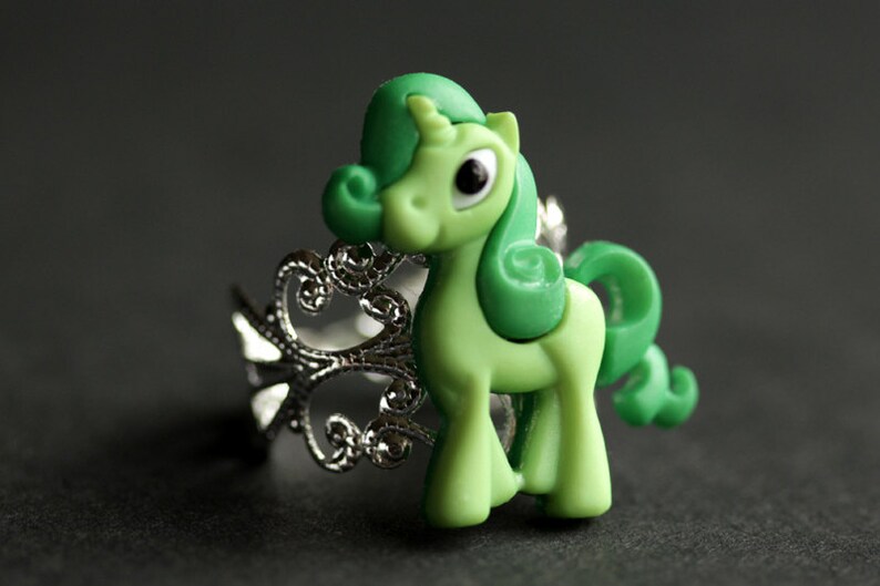 Green Pony Ring. Unicorn Ring. Green Horse Ring. Green Ring. Adjustable Ring. Handmade Ring. Button Ring. Silver Ring. Handmade Jewelry. image 3