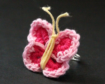 Crochet Butterfly Ring in Pink, Fuchsia and Yellow. Silver Adjustable Ring. Handmade Jewelry.