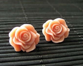 Rose Flower Earrings in Antique Coral Pink and Bronze. Flower Jewelry. Flower Earrings. Handmade Jewelry.