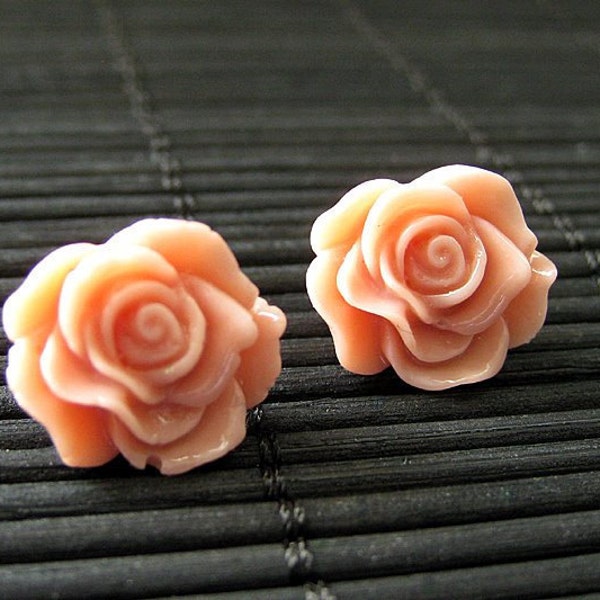 Rose Flower Earrings in Antique Coral Pink and Bronze. Flower Jewelry. Flower Earrings. Handmade Jewelry.