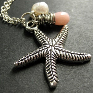Starfish Necklace. Silver Starfish Charm Necklace with Pink Coral Teardrop and Fresh Water Pearl. Handmade Jewelry.