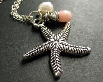 Starfish Necklace. Silver Starfish Charm Necklace with Pink Coral Teardrop and Fresh Water Pearl. Handmade Jewelry.