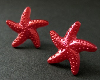 Fuchsia Red Starfish Earrings. Star Earrings with Silver Stud Earring Backs. Handmade Jewelry.