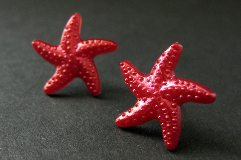 Fuchsia Red Starfish Earrings. Star Earrings with Silver Stud Earring Backs. Handmade Jewelry. image 1