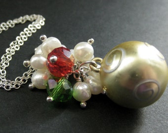 Gold Christmas Necklace. Christmas Ornament Necklace with Crystal and Pearl Cluster. Handmade Christmas Jewelry.