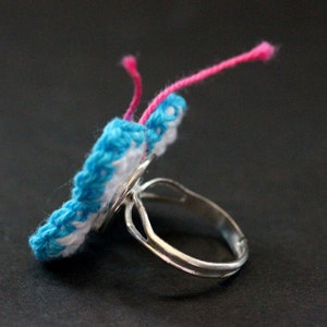 Crochet Butterfly Ring in Blue, White and Fuchsia . Silver Adjustable Ring. Handmade Jewelry. image 5