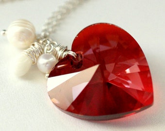 Burnished Red Crystal Necklace. Heart Necklace. Swarovski Elements Necklace with Coral Teardrop and Pearl. Handmade Jewellery.