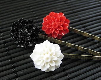 Black Tie Event Inspired Flower Hair Pins in Red, Black and White. Handmade.