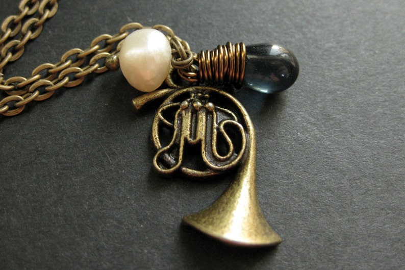 Music Instrument Necklace. French Horn Necklace with Deep Blue Teardrop and Pearl. Handmade Jewellery. image 1