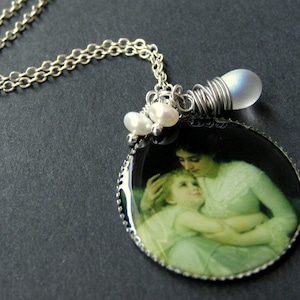Mother Necklace. Mother and Child Necklace with Clouded Teardrop and Fresh Water Pearl. Handmade Jewelry.