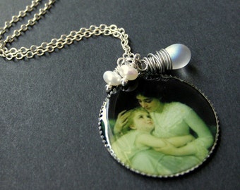 Mother Necklace. Mother and Child Necklace with Clouded Teardrop and Fresh Water Pearl. Handmade Jewelry.