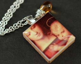 Holy Mother Necklace. Scrabble Tile Necklace. Mother Charm Necklace with Honey Colored Teardrop. Handmade Jewelry.