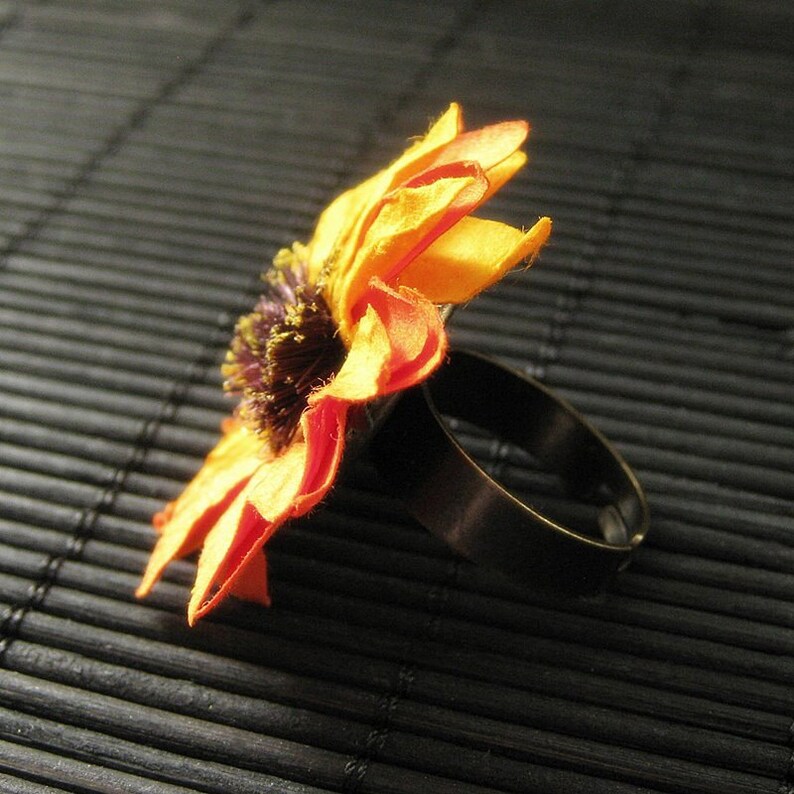 Orange Flower Ring with Orange Paper Daisy Flower and Adjustable Ring Base in Bronze. Handmade Jewelry. image 3