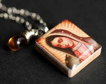 Holy Mother Necklace. Religious Necklace. Scrabble Tile Necklace. Christian Mary Charm Necklace with Brown Teardrop. Handmade Jewelry.