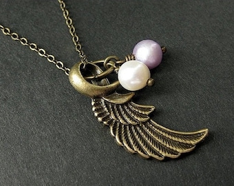 Angel Wing Pearl Necklace. Charm Necklace in Bronze and Fresh Water Pearl. Handmade Jewelry.