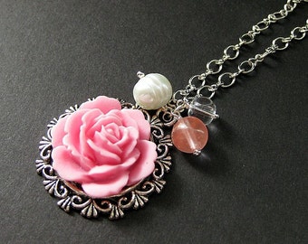 Kawaii Pink Rose Charm Necklace with Cherry Quartz and Fresh Water Pearl Charms. Handmade Jewelry.