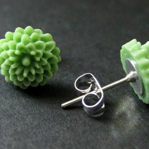 Pistachio Green Mini Mum Earrings. Green Earrings. Silver Post Earrings. Green Flower Earrings. Stud Earrings. Handmade Jewelry. image 2