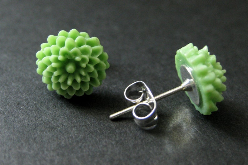 Pistachio Green Mini Mum Earrings. Green Earrings. Silver Post Earrings. Green Flower Earrings. Stud Earrings. Handmade Jewelry. image 2