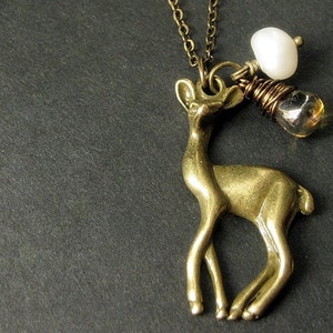 Fawn Necklace. Delicate Deer Necklace with Wire Wrapped Teardrop and Fresh Water Pearl. Handmade Jewelry.