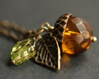 Autumn Orange Acorn Necklace. Acorn Pendant in Bronze. Crystal Acorn Necklace. Glass Acorn Charm Necklace.