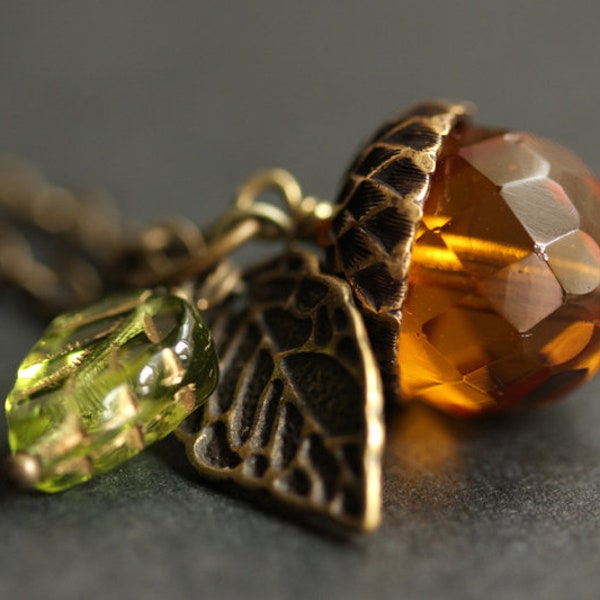 Autumn Orange Acorn Necklace. Acorn Pendant in Bronze. Crystal Acorn Necklace. Glass Acorn Charm Necklace.