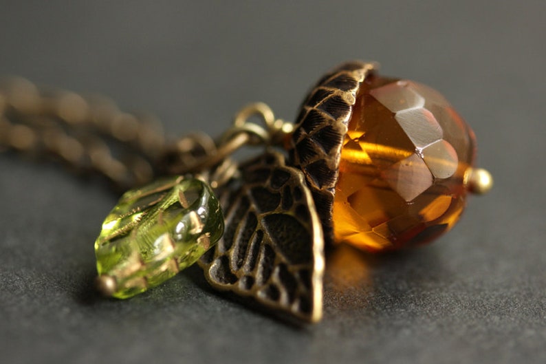 Autumn Orange Acorn Necklace. Acorn Pendant in Bronze. Crystal Acorn Necklace. Glass Acorn Charm Necklace. image 1