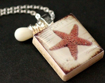 Starfish Necklace. Beach Necklace. Scrabble Tile Necklace with White Coral Teardrop. Handmade Jewelry.