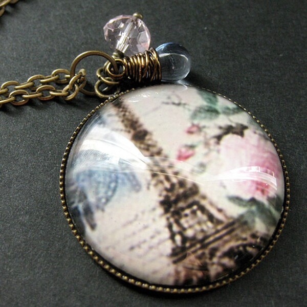 French Eiffel Tower Necklace. Paris Necklace with Blue Teardrop and Pink Crystal. Handmade Jewelry.