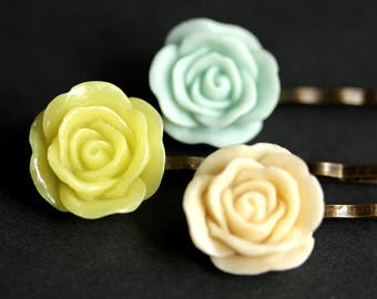 Rose Hair Pins. Rose Bobby Pins in Pale Blue Rose, Yellow Green Rose, and Pale Peach Rose. Handmade Hair Accessories.