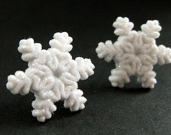 Snowflake Earrings No.1 - White Snow Earrings with Silver Stud Earring Backs. Winter Earrings. Handmade Jewelry.