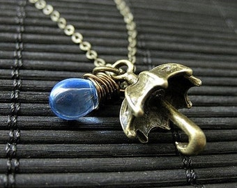 Rainy Day Umbrella Necklace in Bronze with Wire Wrapped Blue Teardrop. Handmade Jewelry.