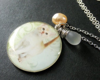 Cat Necklace. White Kitten Necklace with Frosted Teardrop and Peach Fresh Water Pearl. Handmade Jewelry.