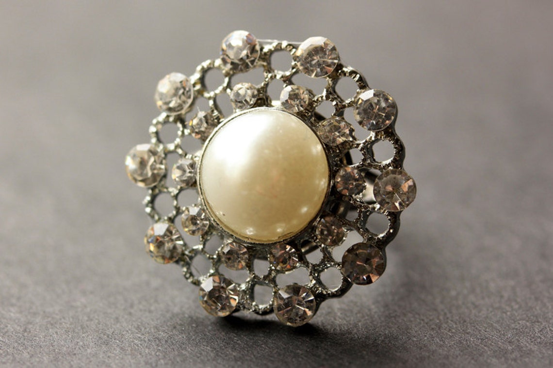 Rhinestone Button Ring. Pearl and Rhinestone Ring. Pearl Ring. | Etsy