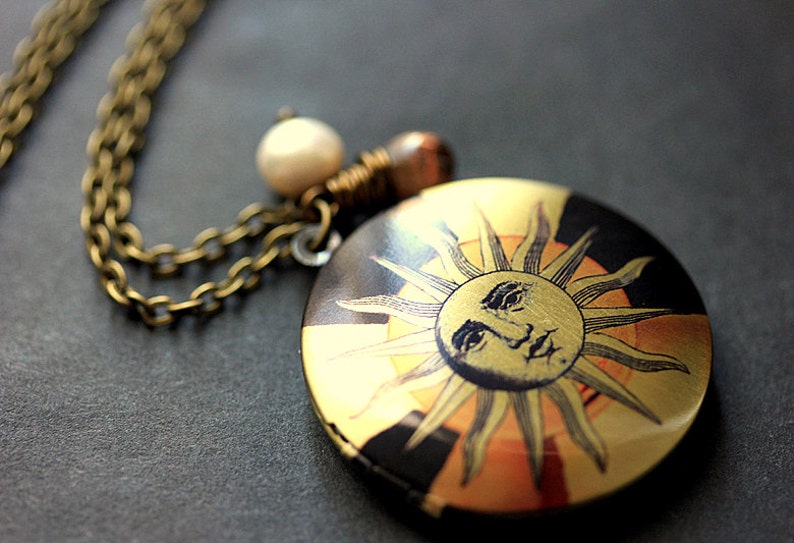 Sun Chain Locket Celestial Necklace. Sun Locket Necklace. Bronze Locket With Glass ...