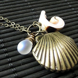 May include: A bronze necklace with a seashell charm, a white iridescent glass bead, and a small white seashell. The necklace is on a black background.