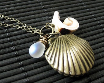 Seashell Locket Charm Necklace in Bronze with Wire Wrapped Frosted Teardrop. Handmade Jewelry.