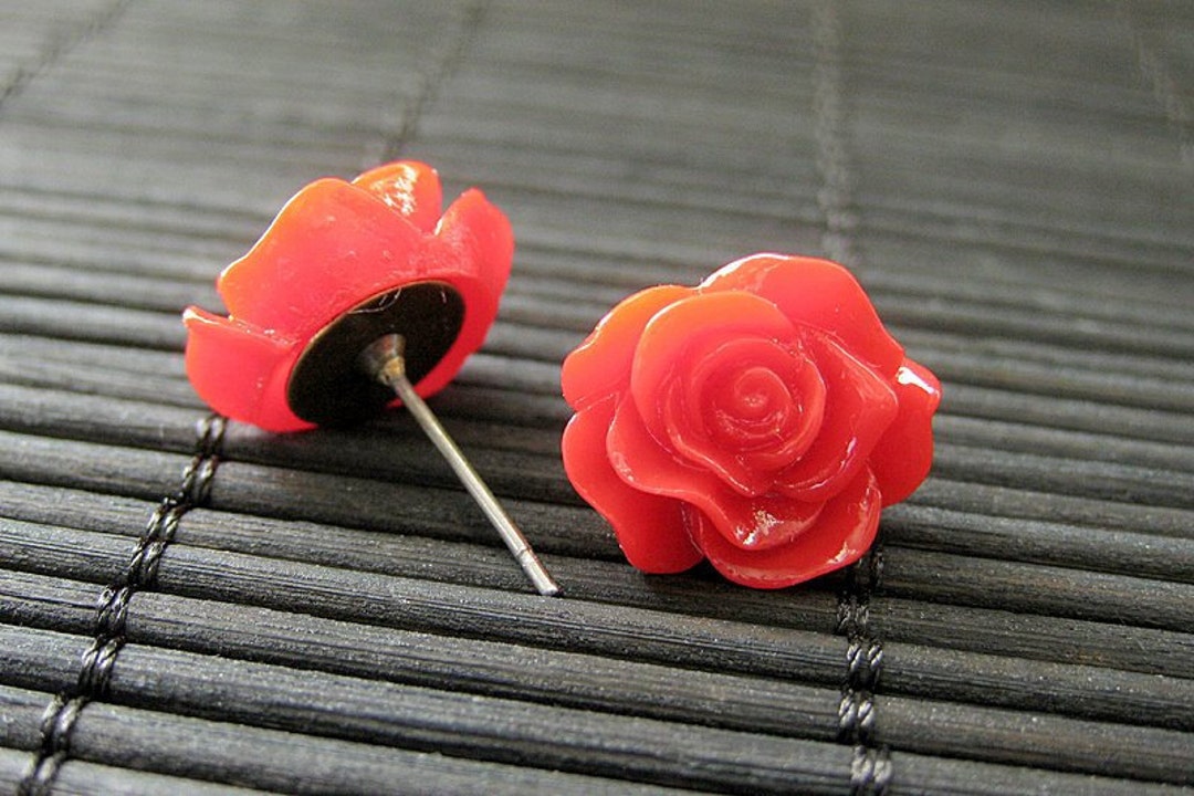 Red Rose Flower Earrings With Bronze Post Earrings. Flower Etsy