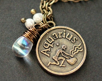 Aquarius Astrology Necklace. Zodiac Necklace with Glass Teardrop and Pearl. Aquarius Horoscope Necklace. Handmade Jewelry.