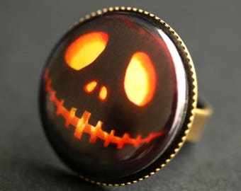 Smiling Skeleton JackoLantern Ring. Halloween Ring. Graphic Button Ring. Adjustable Ring. Bronze Ring. Halloween Jewelry. Handmade Ring.