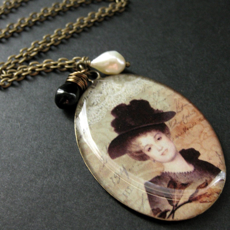 Vintage Lady Charm Necklace with Wire Wrapped Black Teardrop and Fresh Water Pearl. Handmade Jewelry. image 2