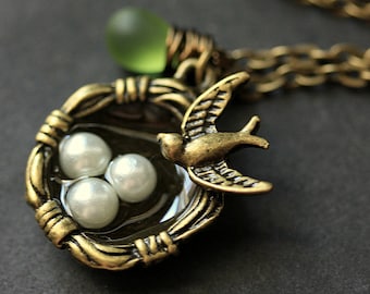 Bird Necklace. Bird Nest Necklace with Fresh Water Pearl and Glass Teardrop. Bronze Necklace. Bird Charm Necklace. Handmade Jewelry