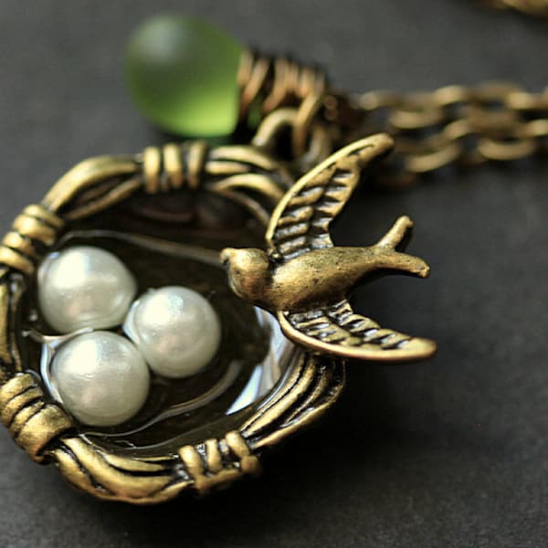 Bird Necklace. Bird Nest Necklace with Fresh Water Pearl and Glass Teardrop. Bronze Necklace. Bird Charm Necklace. Handmade Jewelry