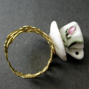 Porcelain Teacup Ring with Pink Rosebud Flowers. Gold Filigree Adjustable Ring. Handmade Jewelry. image 2