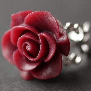 Maroon Rose Ring. Dark Red Flower Ring. Gold Ring. Silver Ring. Bronze Ring. Copper Ring. Adjustable Ring. Handmade Jewelry. image 1