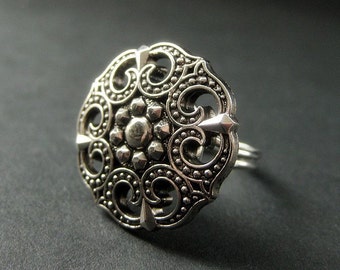 Silver Button Ring in with Floral Medallion Face. Adjustable Ring. Handmade Jewelry.