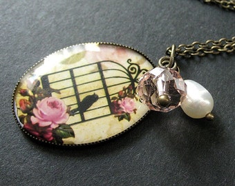 Birdcage Necklace in Pink and Bronze with Crystal Charm and Fresh Water Pearl. Handmade Jewelry.