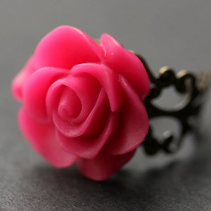 Hot Pink Rose Ring. Fuchsia Pink Flower Ring. Gold Ring. Silver Ring. Bronze Ring. Copper Ring. Adjustable Ring. Handmade Jewelry.