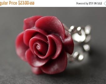 VALENTINE SALE Maroon Rose Ring. Dark Red Flower Ring. Gold Ring. Silver Ring. Bronze Ring. Copper Ring. Adjustable Ring. Handmade Jewelry.