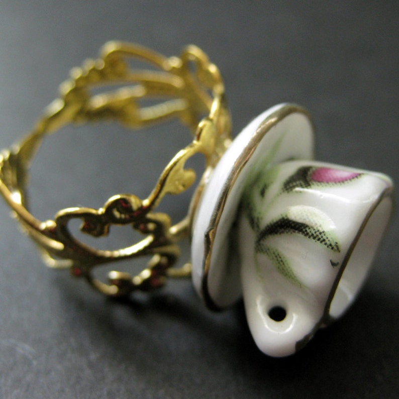 Porcelain Teacup Ring with Pink Rosebud Flowers. Gold Filigree Adjustable Ring. Handmade Jewelry. image 3